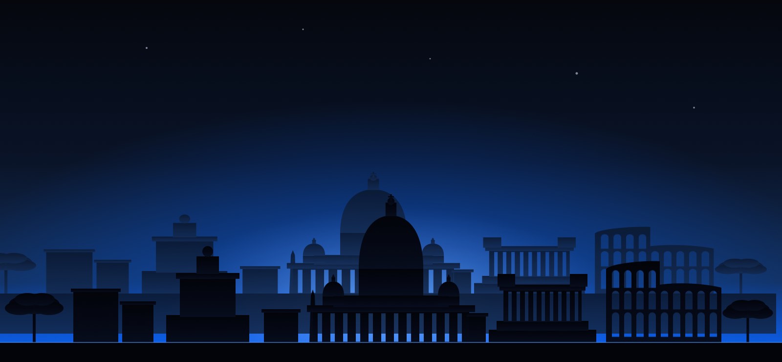 Skyline di Roma stilizzato: cupola di San Pietro, Colosseo, Altare della Patria e pini marittimi.